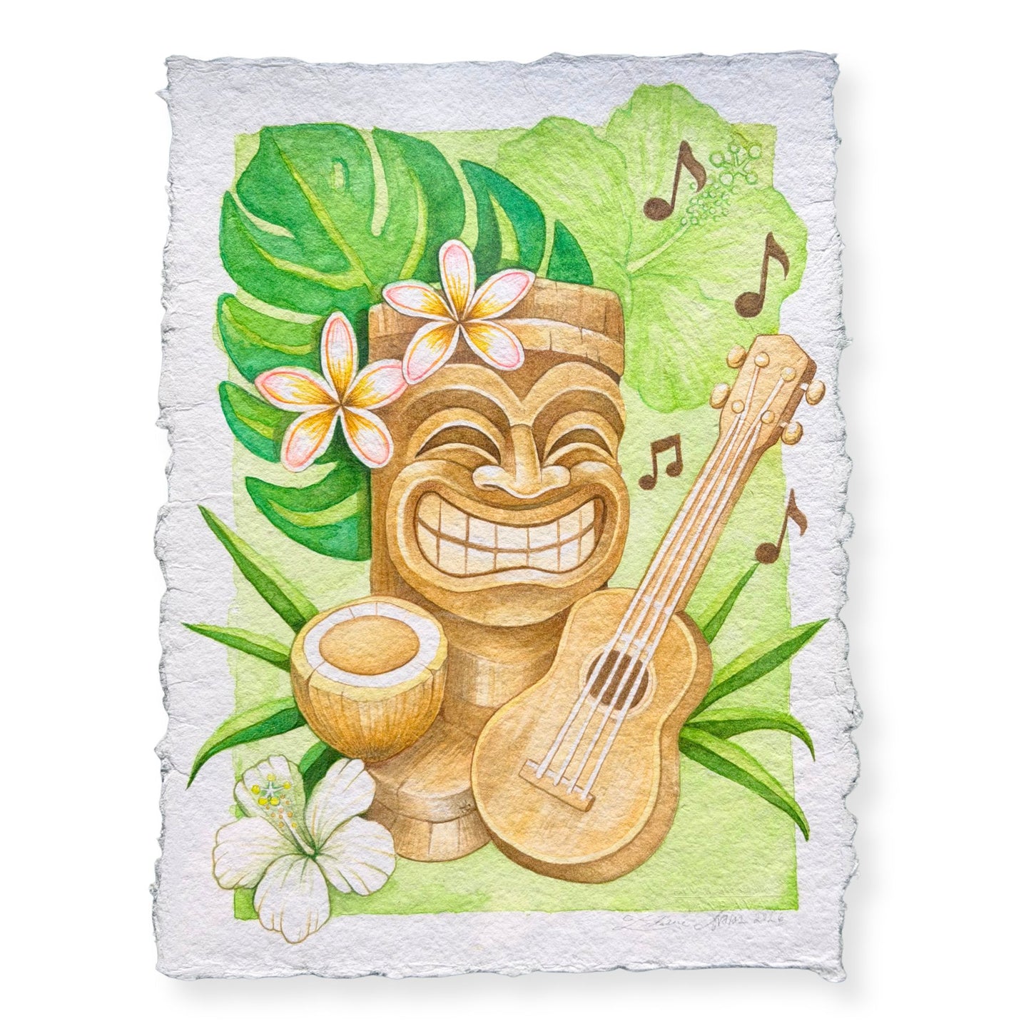 Tiki statue with ukulele, flowers, and leaves on a textured white background Aloha Mele, watercolor on handmade paper, by Liliane Avalos, Kauai Hawaii 2026