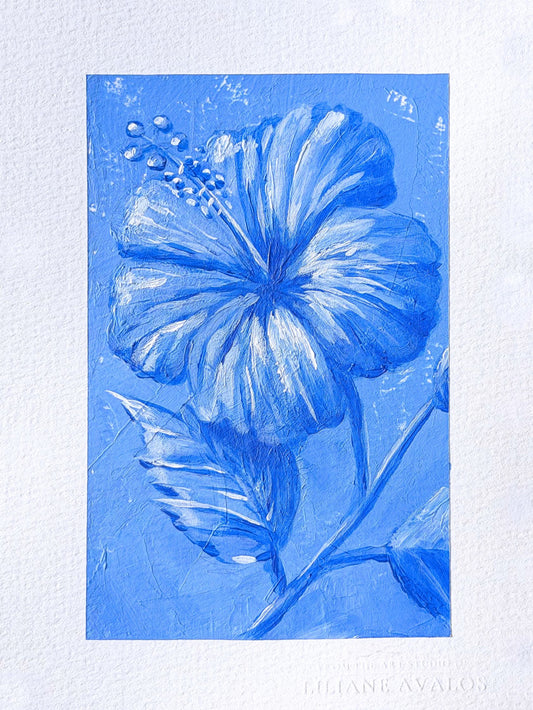 Blue floral hibiscus acrylic painting on paper created with a textured blue paint by artist Liliane Avalos Kauai Hawaii 2026