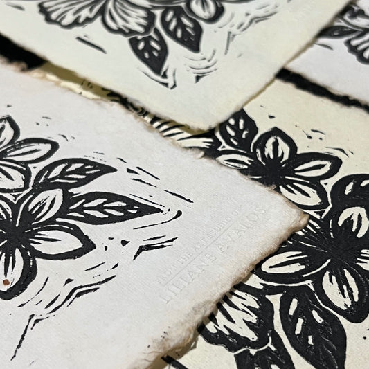 Aloha in Bloom limited linocut print featuring hibiscus and plumeria flowers by Liliane Avalos, Kauaʻi Hawaii artist