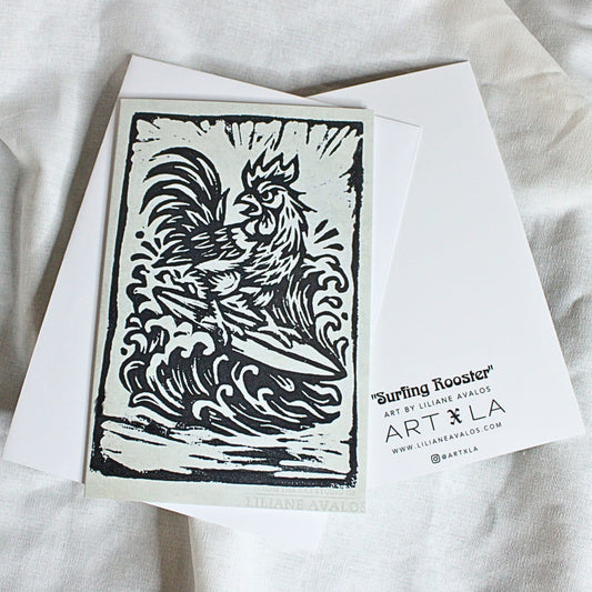 Surfing Rooster - art greeting card