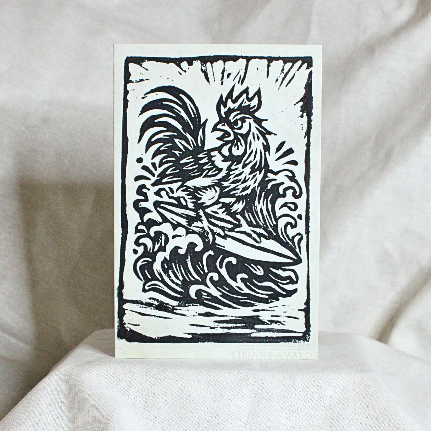 Surfing Rooster - art greeting card