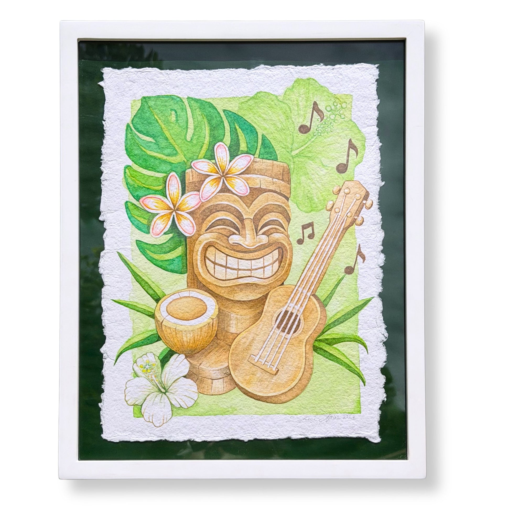 Framed artwork of a tiki, ukulele, and tropical flowers with leaves on a green background. Aloha Mele, watercolor painting on handmade paper, by Liliane Avalos, Kauai Hawaii 2026. Framed artwork of a tiki, ukulele, and tropical leaves with flowers on a green background.