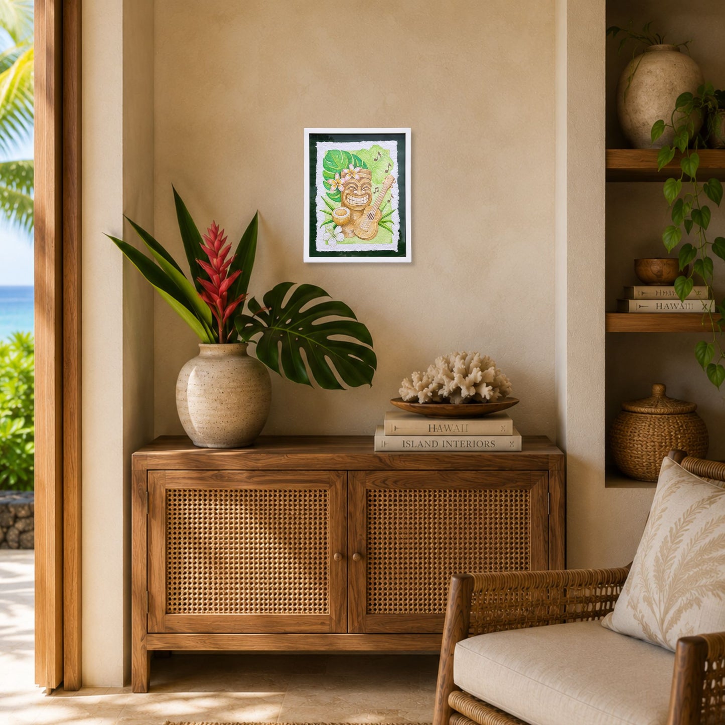 Living room with wooden cabinet, decorative items, and a painting on the wall. Framed artwork of a tiki , ukulele, and tropical flowers with leaves on a green background. Aloha Mele, watercolor painting on handmade paper, by Liliane Avalos, Kauai Hawaii 2026. Framed artwork of a tiki, ukulele, and tropical leaves with flowers on a green background.