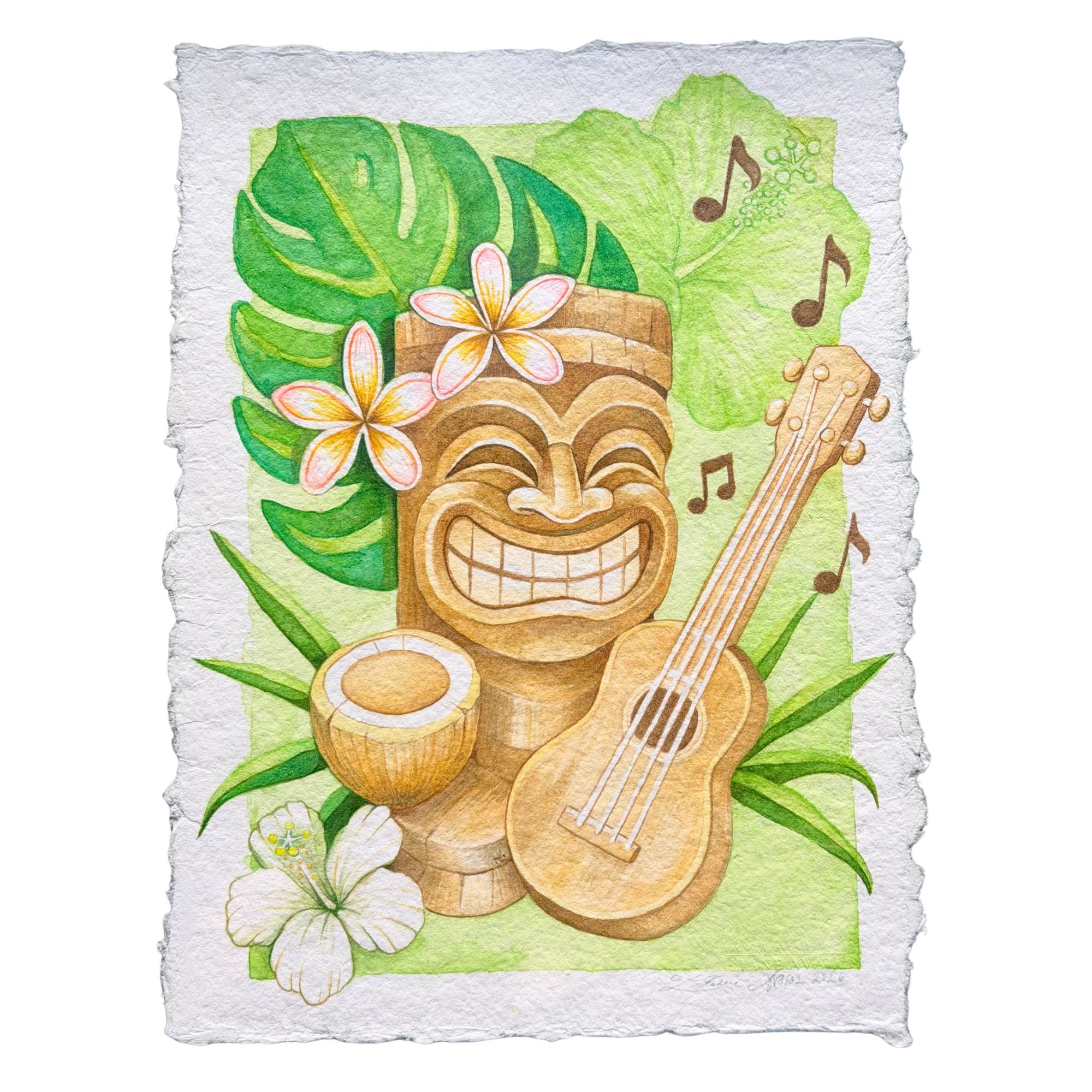Happy Tiki mask, ukulele, and monstera and hibiscus flowers on a white background, Aloha Mele, watercolor painting on handmade paper, by Liliane Avalos, Kauai Hawaii 2026