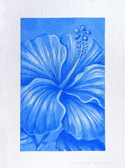Blue floral hibiscus acrylic painting on paper created with a textured blue paint by artist Liliane Avalos Kauai Hawaii 2026
