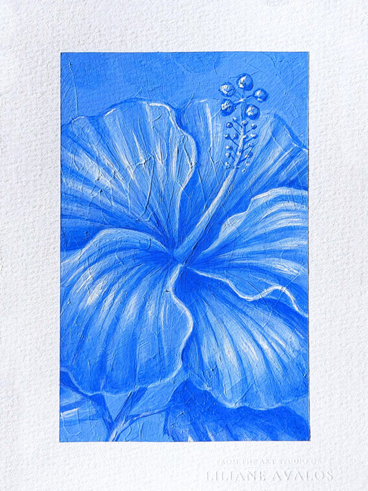 Blue floral hibiscus acrylic painting on paper created with a textured blue paint by artist Liliane Avalos Kauai Hawaii 2026