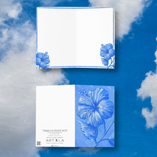 Hibiscus Study blue botanical watercolor artwork by Liliane Avalos, featured on a greeting card in Kauaʻi, Hawaiʻi 2026