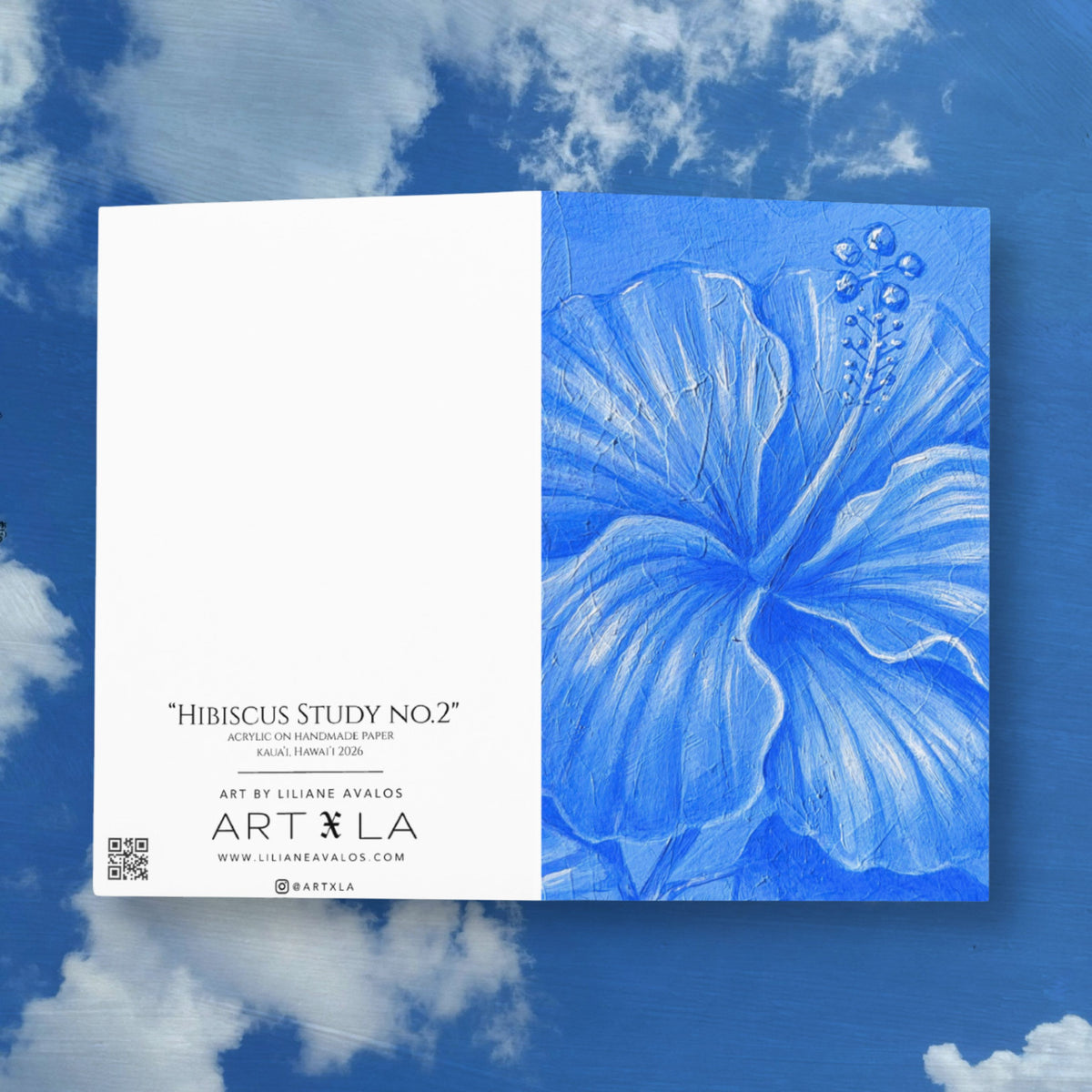 Hibiscus Study blue botanical watercolor artwork by Liliane Avalos, featured on a greeting card in Kauaʻi, Hawaiʻi 2026