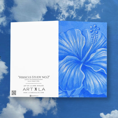 Hibiscus Study blue botanical watercolor artwork by Liliane Avalos, featured on a greeting card in Kauaʻi, Hawaiʻi 2026