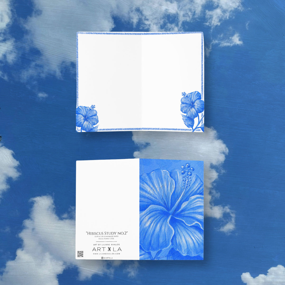 Hibiscus Study blue botanical watercolor artwork by Liliane Avalos, featured on a greeting card in Kauaʻi, Hawaiʻi 2026