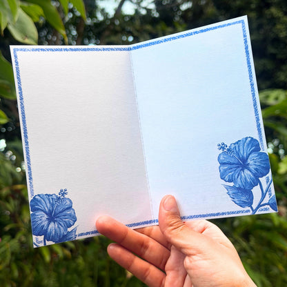 Hibiscus Study blue botanical watercolor artwork by Liliane Avalos, featured on a greeting card in Kauaʻi, Hawaiʻi 2026