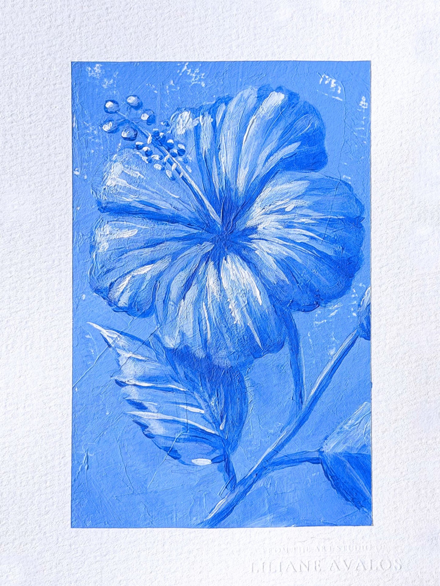 Blue floral hibiscus acrylic painting on paper created with a textured blue paint by artist Liliane Avalos Kauai Hawaii 2026