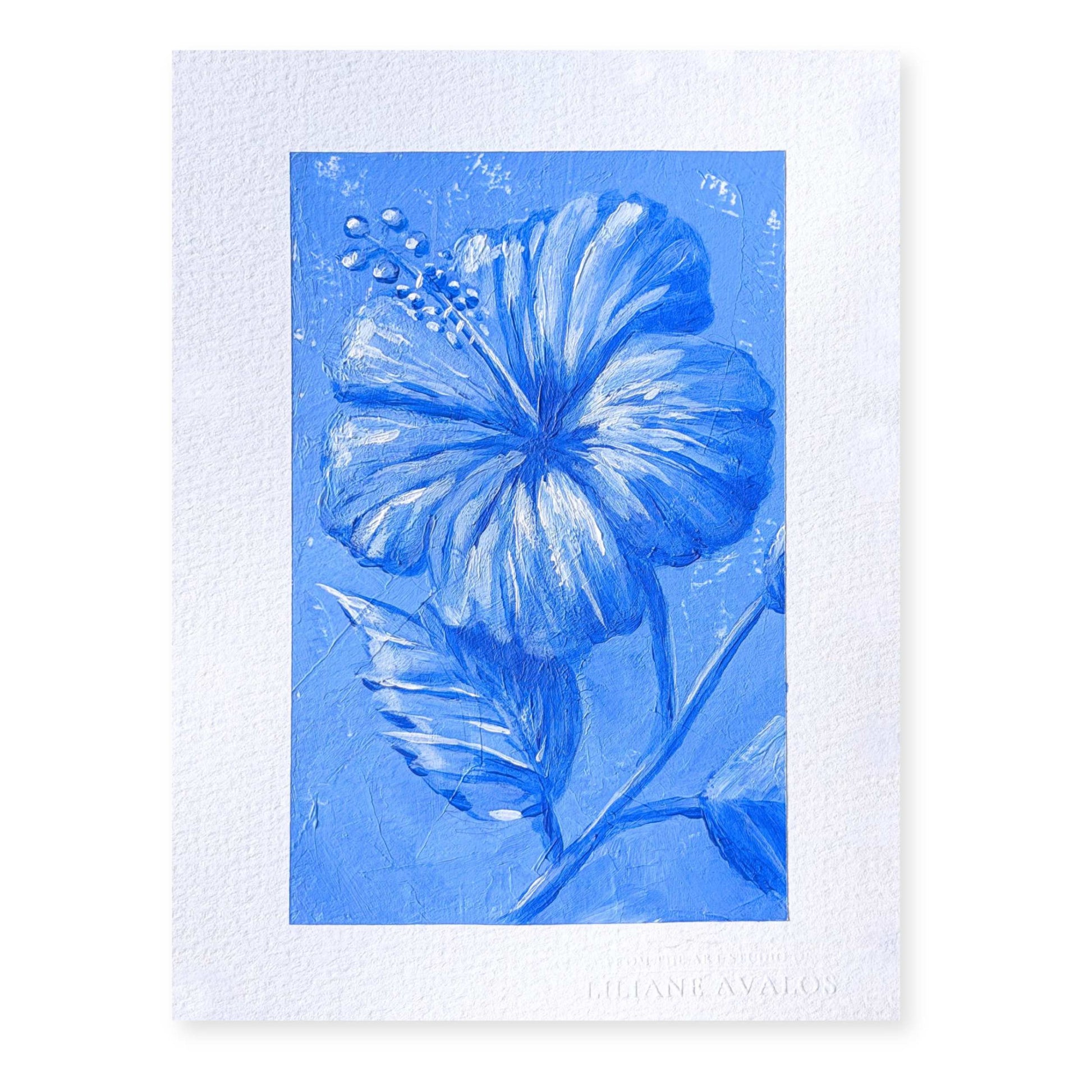 Blue floral hibiscus acrylic painting on paper created with a textured blue paint by artist Liliane Avalos Kauai Hawaii 2026