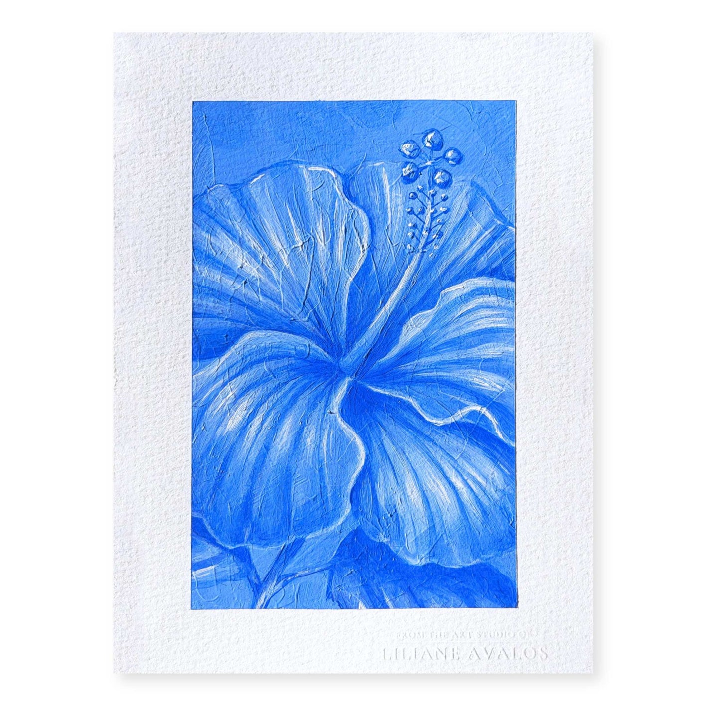 Blue floral hibiscus acrylic painting on paper created with a textured blue paint by artist Liliane Avalos Kauai Hawaii 2026