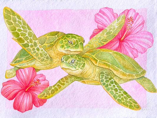 Two green turtles surrounded by pink flowers on a light pink background