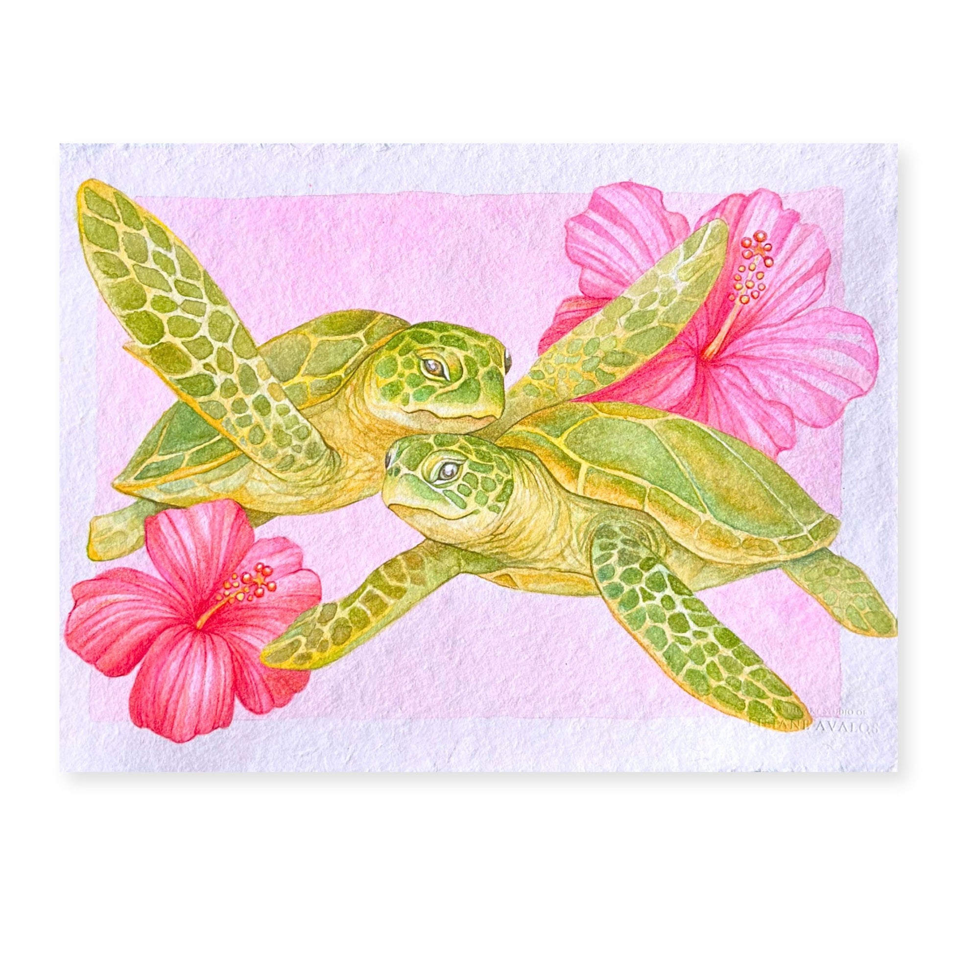 sea turtle art print of watercolor painting on handmade paper of a green sea turtles with pink flowers on a textured background by artist Liliane Avalos Kauai Hawaii 2026