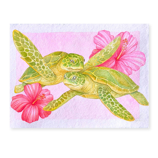 sea turtle art print of watercolor painting on handmade paper of a green sea turtles with pink flowers on a textured background by artist Liliane Avalos Kauai Hawaii 2026
