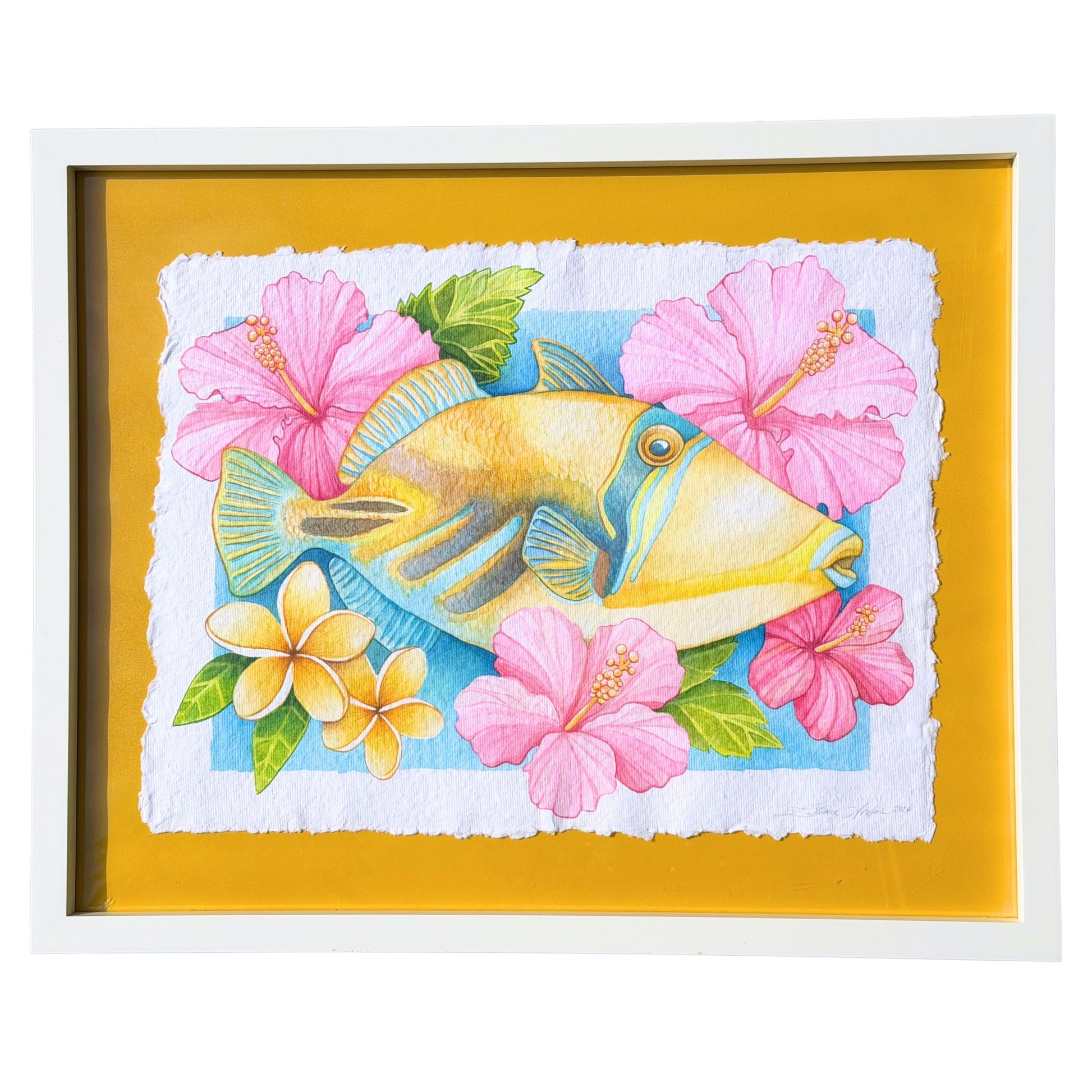 Original watercolor painting of Humuhumunukunukuapua'a in white frame of bright colorful yellow Trigger fish surrounded by pink botanical hibiscus flowers and yellow plumeria flowers on a yellow background