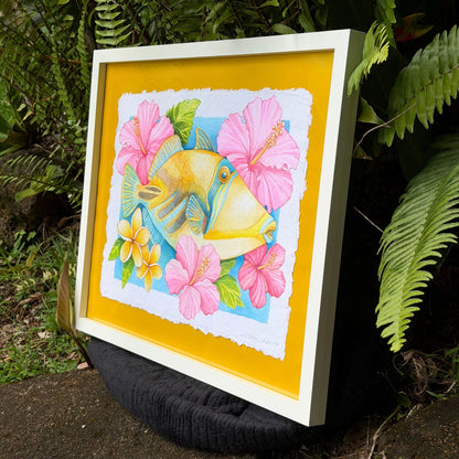 Framed artwork of a fish surrounded by pink flowers on a yellow background, leaning against green foliage. Framed watercolor painting of Humuhumunukunukuapua'a artwork color ful yellow trigger fish and hibiscus botanical flowers on a yellow background, white frame Humu_Harmony_2026_Liliane_Avalos_watercolor_painting_framed_Kauai_Hawaii_lifestyle