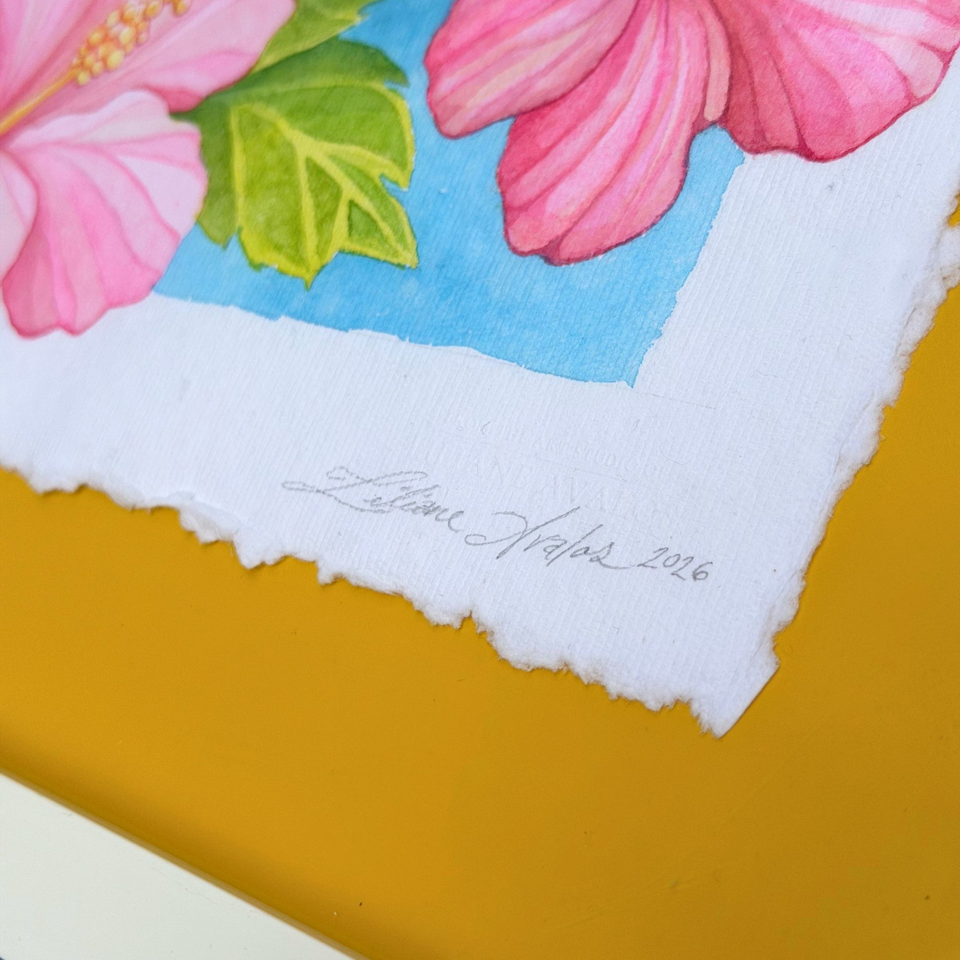 Close-up of a floral painting with pink flowers and green leaves on a textured white surface. Original watercolor painting of Humuhumunukunukuapua'a in white frame of bright colorful yellow Trigger fish surrounded by pink botanical hibiscus flowers and yellow plumeria flowers on a yellow 