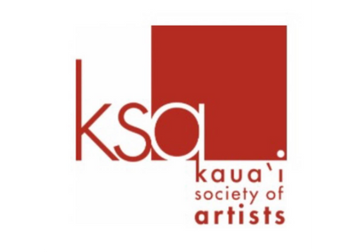 The logo for the Kaua'i Society of Artists (KSA) features the stylized letters 'ksa' in red, a large red square, and the text 'kaua'i society of artists' below on a plain white background. featuring artist Liliane Avalos
