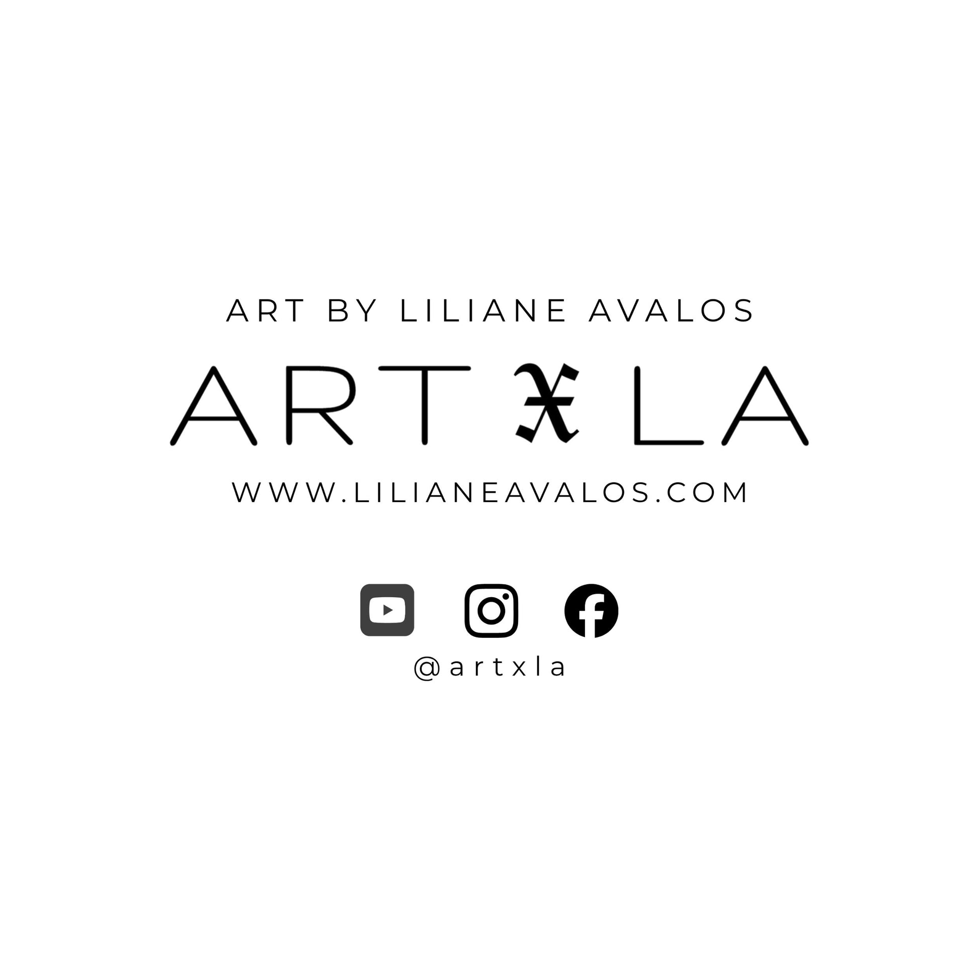 A minimalist black-and-white graphic with the text 'ART BY LILIANE AVALOS' and 'ART XLA' centered on a white background, plus the website 'WWW.LILIANEAVALOS.COM Liliane Avalos Kauai Hawaii 2026