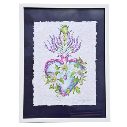Framed original watercolor painting artwork with botanical sacred heart design featuring Lilikoi passion flowers and leaves on a white background of handmade paper, signed and embossed by artist Liliane Avalos