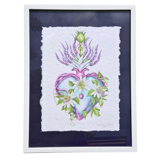 Framed original watercolor painting artwork with botanical sacred heart design featuring Lilikoi passion flowers and leaves on a white background of handmade paper, signed and embossed by artist Liliane Avalos
