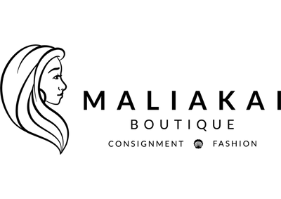Black and white logo for 'Maliakal Boutique' featuring a stylized line art illustration of a woman in profile wearing a headscarf, alongside the text 'MALIAKAL BOUTIQUE', 'CONSIGNMENT', and 'FASHION'. featuring artist Liliane Avalos