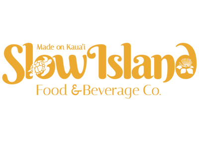 The logo for Slow Island Food & Beverage Co. on a plain white background, featuring the words 'Made on Kauai' and 'Slow Island Food & Beverage Co. featuring artist Liliane Avalos