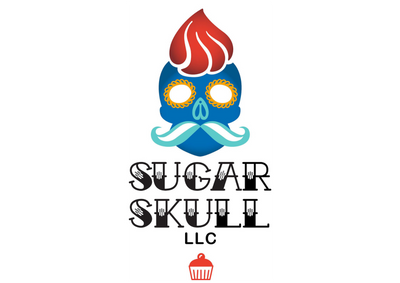A stylized logo on a white background featuring a blue skull with a red flame-like top, gold eye details, a light blue mustache, and the text 'SUGAR SKULL LLC' below, with a small red cupcake icon at the bottom. featuring artist Liliane Avalos