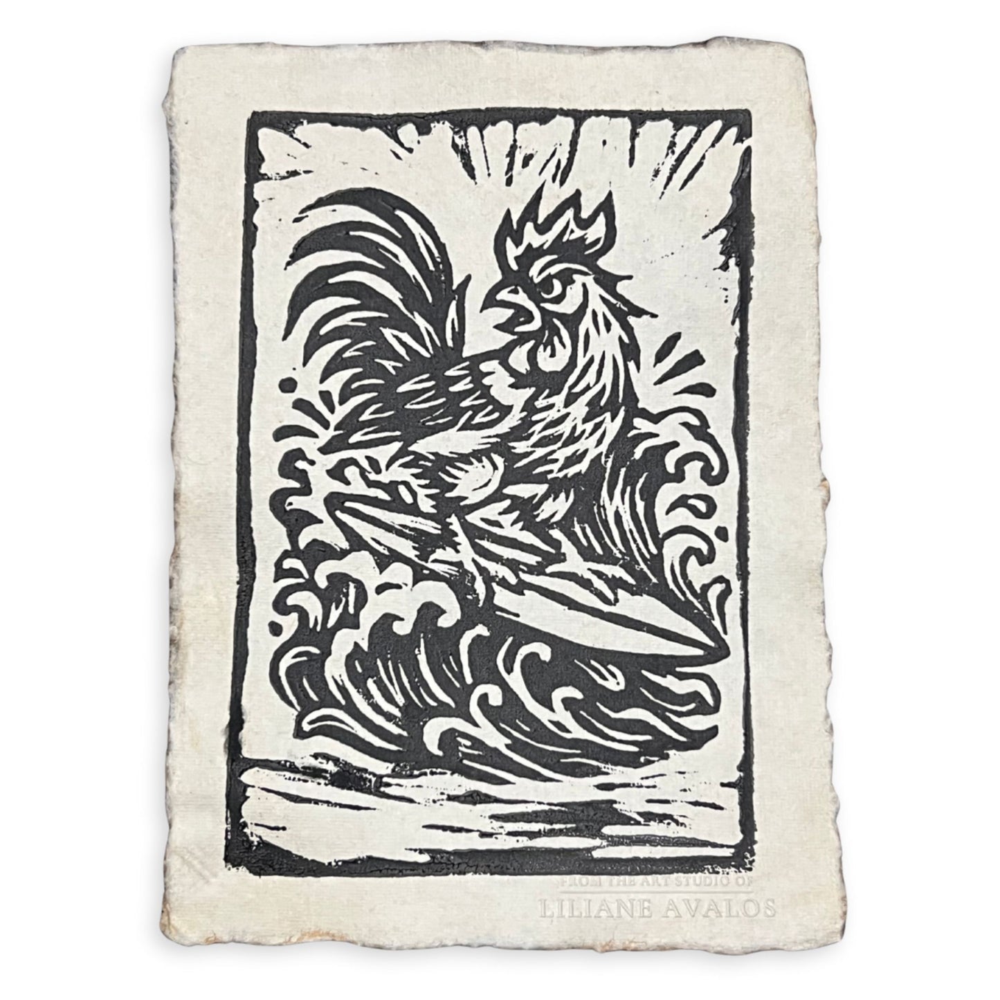 Woodcut-style illustration of a rooster on a textured paper, custom embossed with Liliane Avalos signature on white background. Artwork by Liliane Avalos, Kauai Hawaii artist