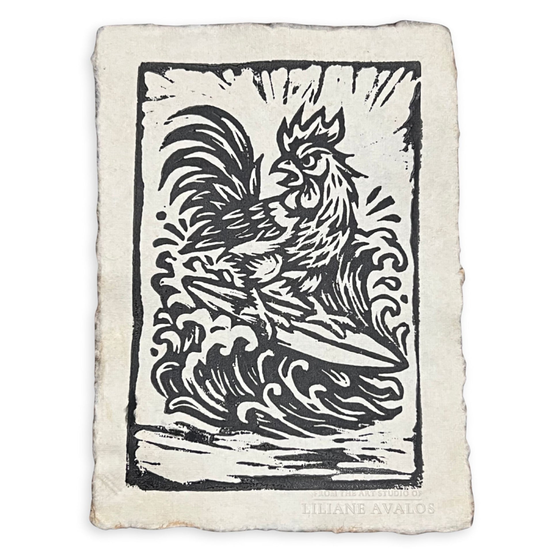 Woodcut-style illustration of a rooster on a textured paper, custom embossed with Liliane Avalos signature on white background. Artwork by Liliane Avalos, Kauai Hawaii artist
