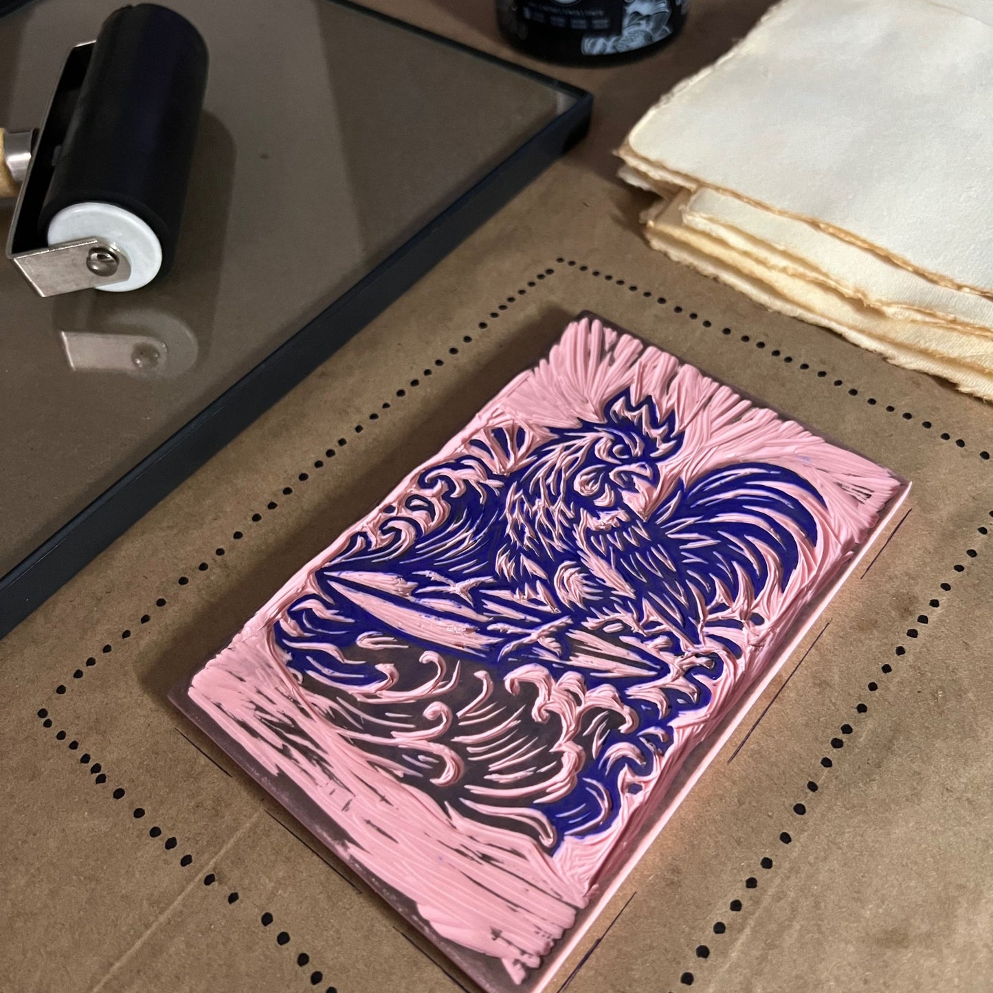 surfing rooster carved linoleum block for linocut print by Liliane Avalos Kauai Hawaii artist