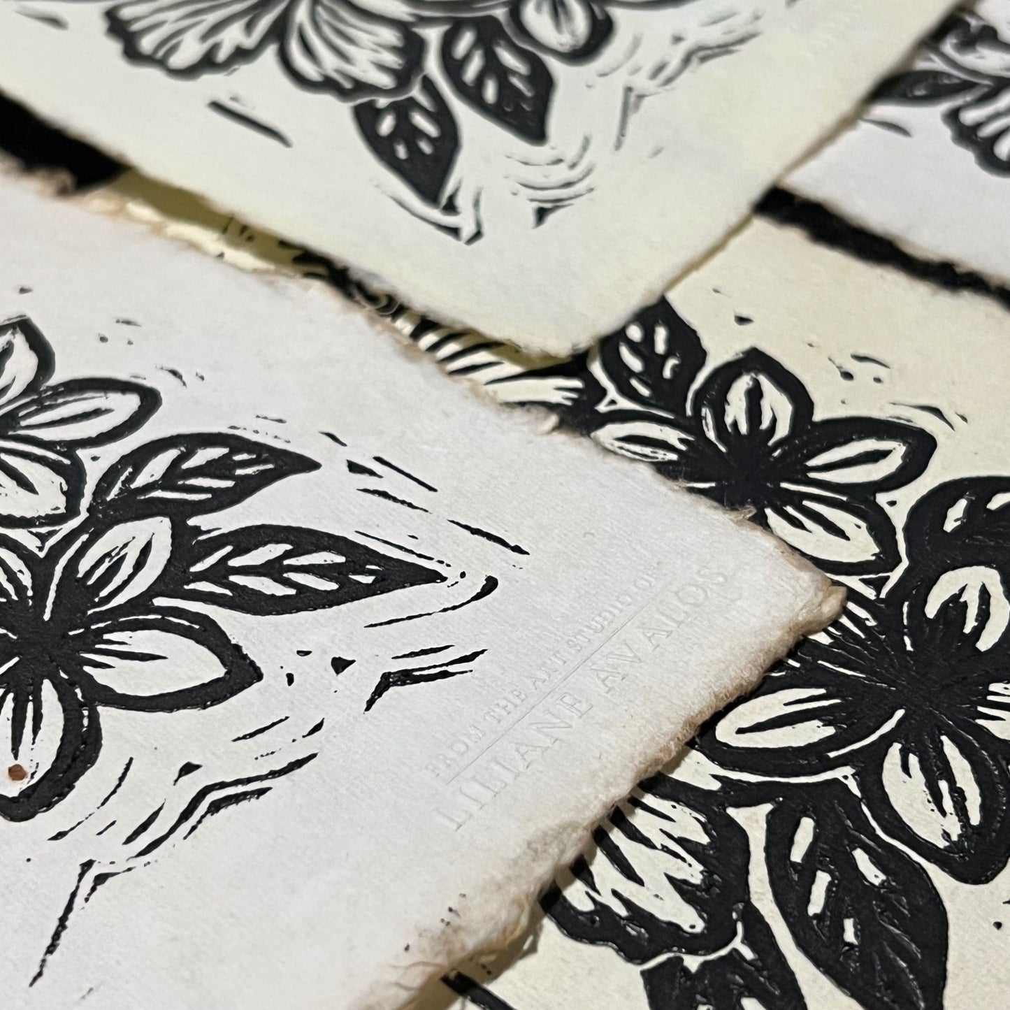 Aloha in Bloom limited linocut print featuring hibiscus and plumeria flowers by Liliane Avalos, Kauaʻi Hawaii artist