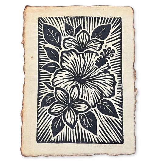 Garden Isle Glow limited linocut print featuring hibiscus and plumeria by Liliane Avalos, Kauaʻi Hawaii artist