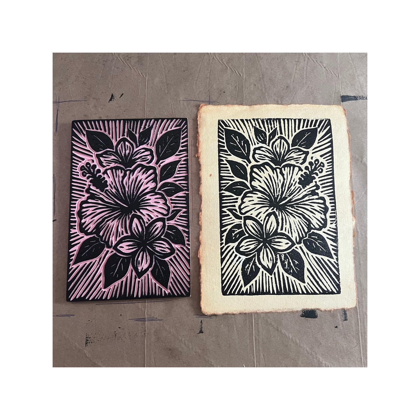 Garden Isle Glow linocut block and finished print on handmade cotton paper by Liliane Avalos, Kauaʻi Hawaii artist