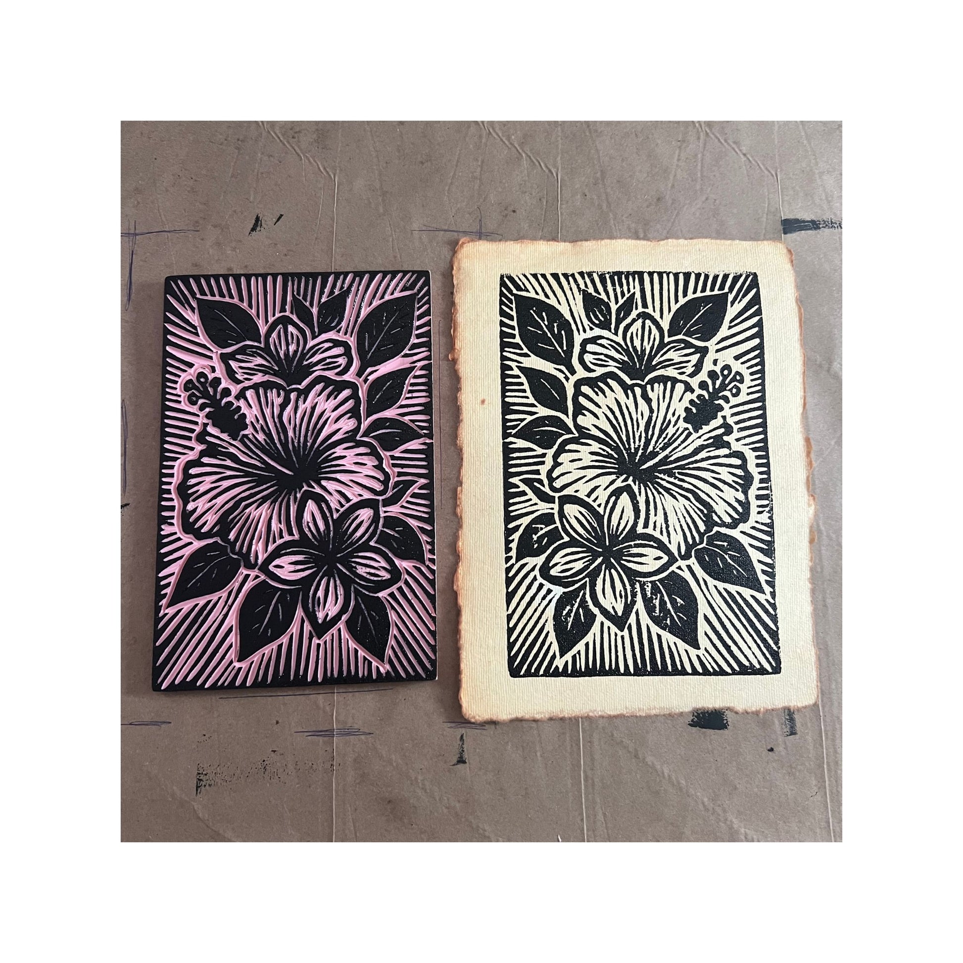 Garden Isle Glow linocut block and finished print on handmade cotton paper by Liliane Avalos, Kauaʻi Hawaii artist