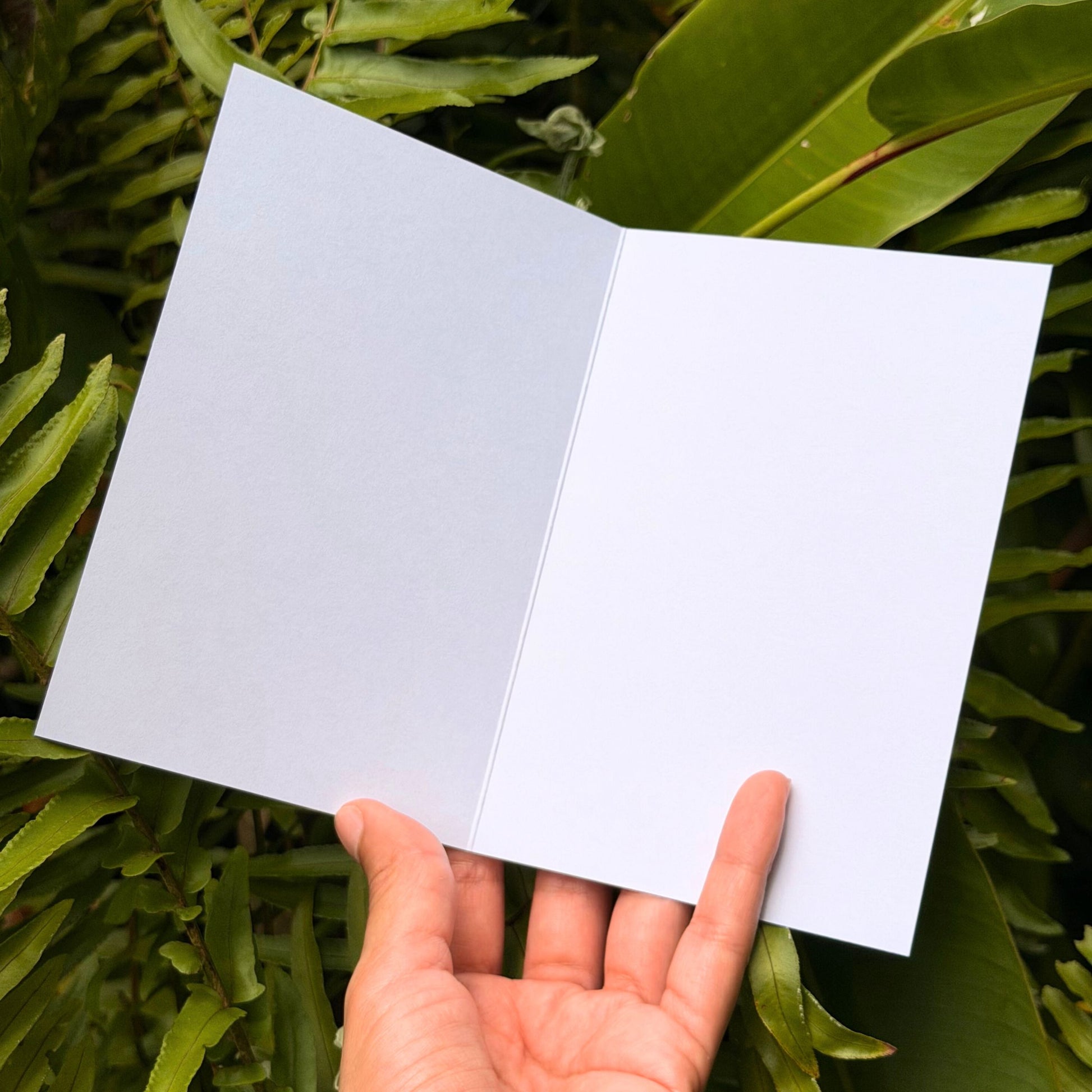 Hand holding a white notebook against a green leafy background. greeting card by Liliane Avalos, Kauai Hawaii artist