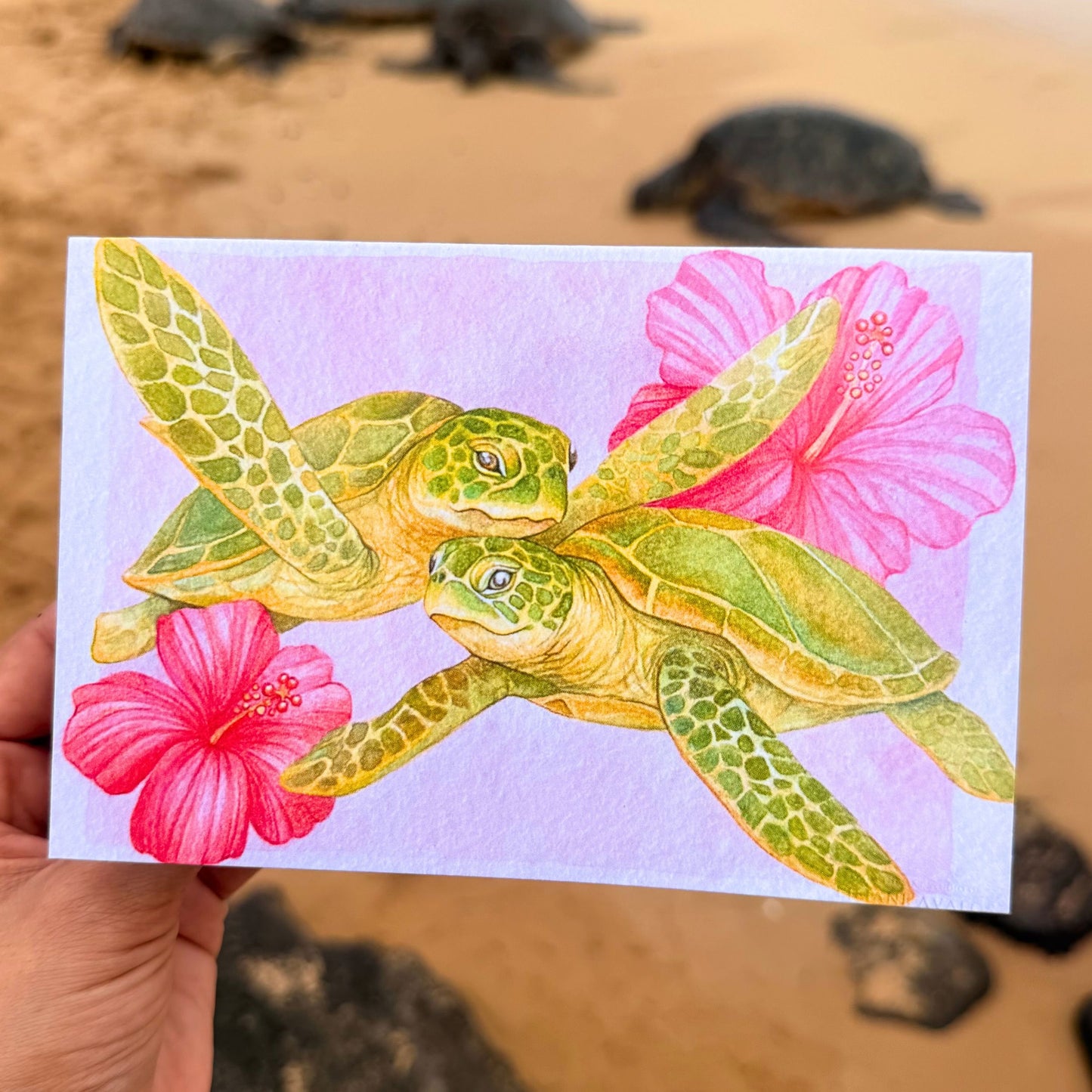 Honu Sweethearts Hawaii art greeting card featuring sea turtle inspired tropical artwork by Liliane Avalos