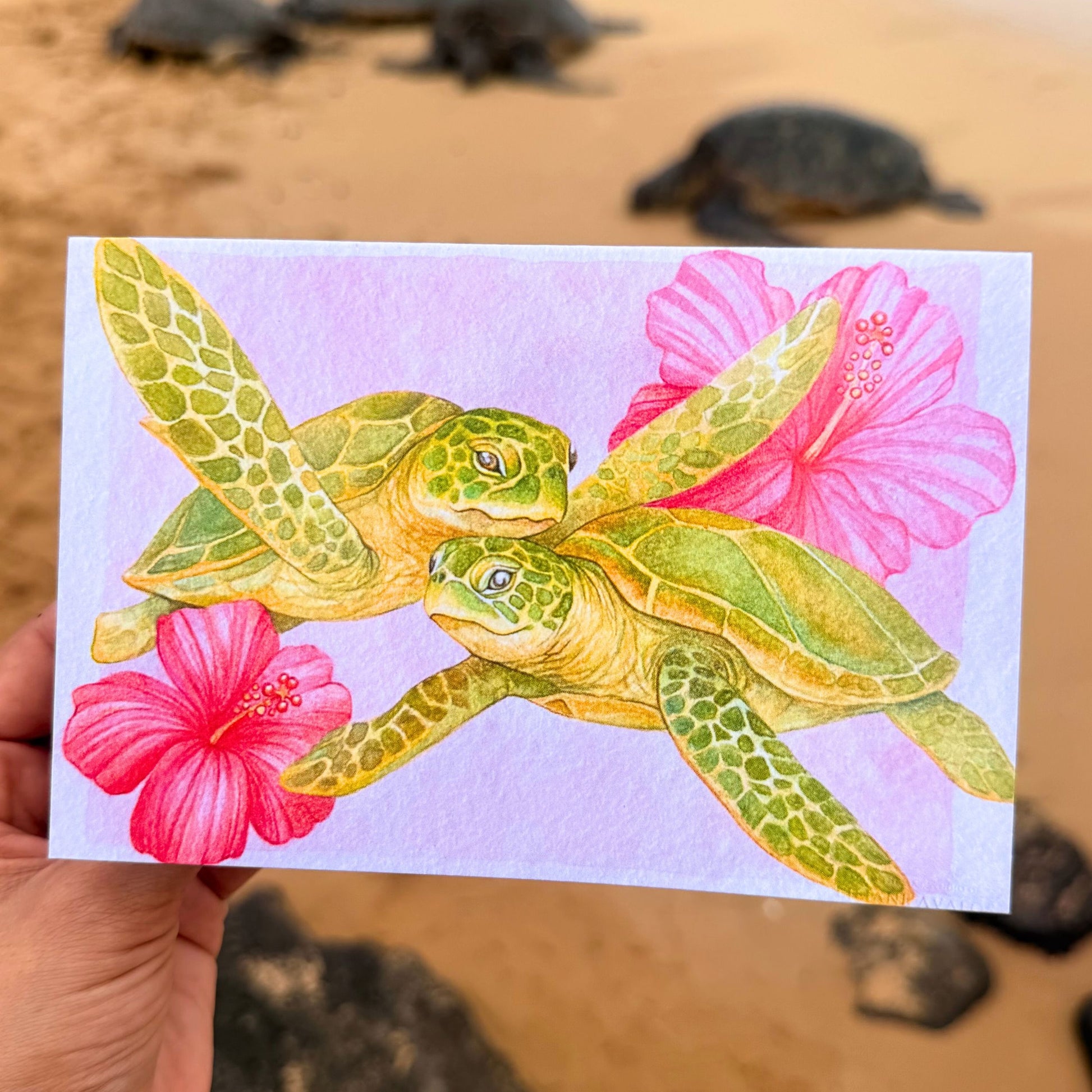 Honu Sweethearts Hawaii art greeting card featuring sea turtle inspired tropical artwork by Liliane Avalos