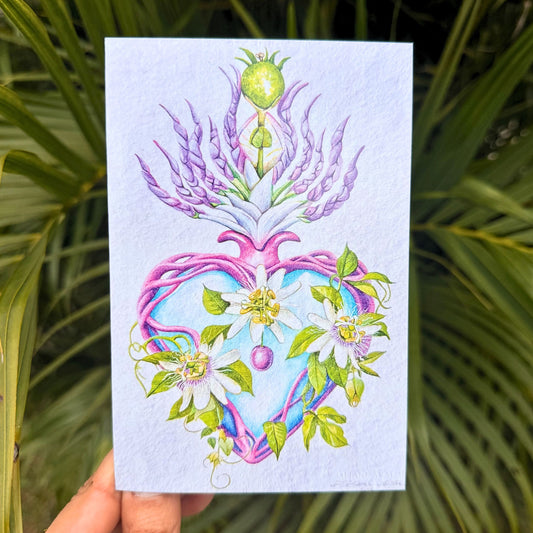 Lilikoi Sacred Heart Hawaii art greeting card featuring passion fruit inspired tropical sacred heart artwork by Liliane Avalos