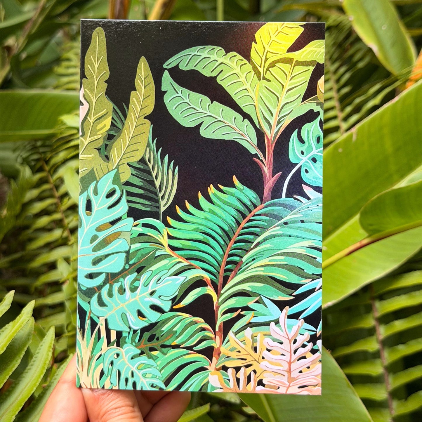 Maui Jungle mural inspired Hawaii art greeting card featuring lush tropical jungle artwork by Liliane Avalos