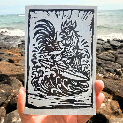 Surfing Rooster Hawaii art greeting card featuring playful island rooster surfing artwork by Liliane Avalos
