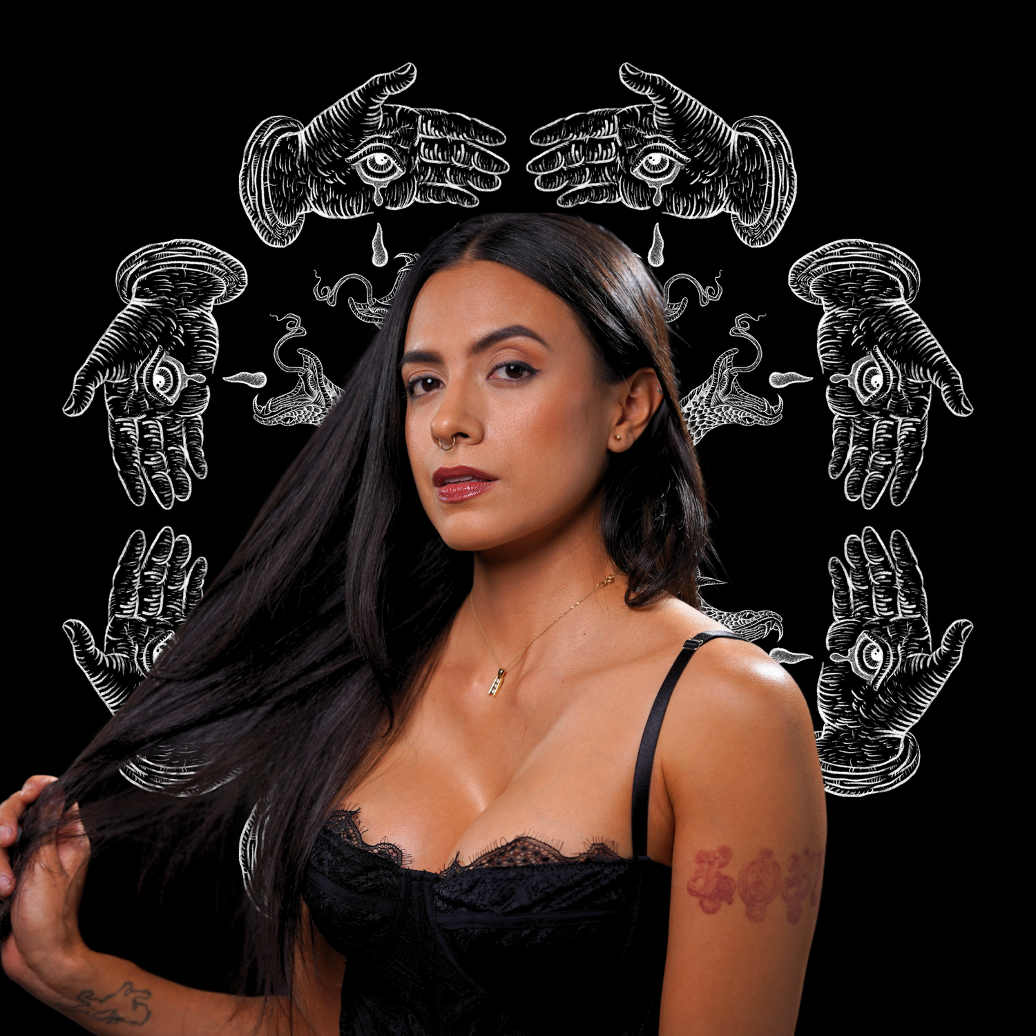 Kauai Hawaii tattoo artist Liliane Avalos with long dark hair and tattoos holding her hair, with illustrated hands in the background on a black background