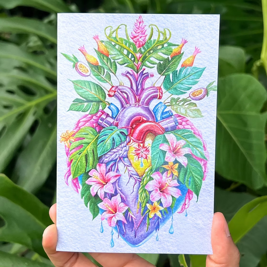 Tropical Sacred Heart Hawaii art greeting card featuring devotional heart inspired tropical artwork by Liliane Avalos